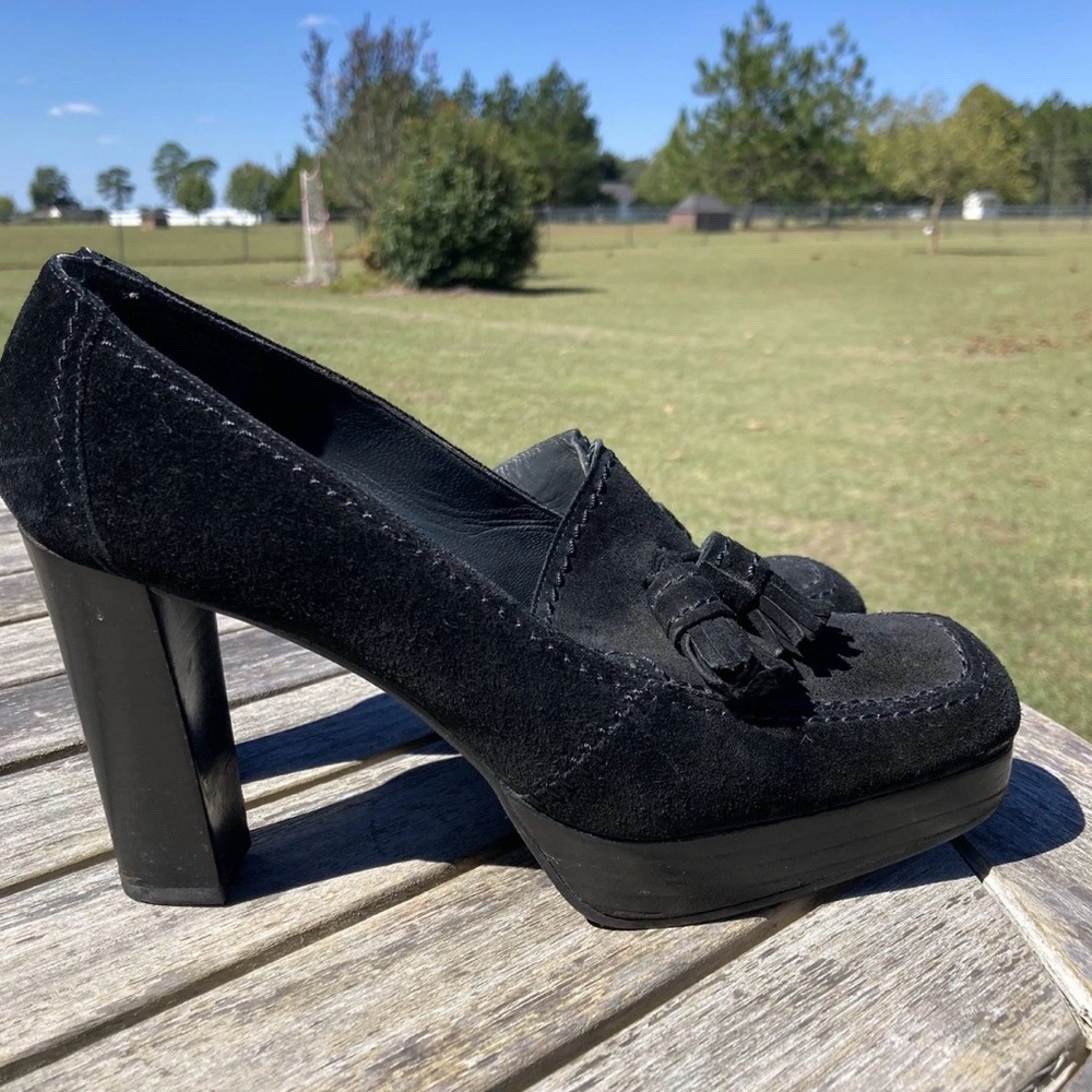 STUART WEITZMAN Black Suede Platform Loafers High Heel Tassels - Size 8.5